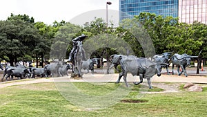 Bronze Steers and Cowboy Sculpture Pioneer Plaza, Dallas