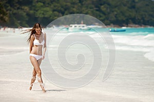 Bronze Tan Woman Walks At Tropical Beach