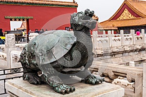 The bronze tortoise outside the Hall of Supreme Harmony in the Forbidden City