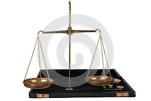 Bronze traditional balance scale set with weights in box