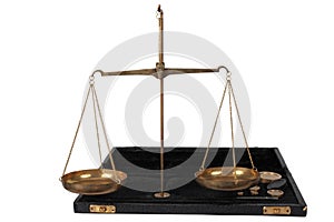 Bronze traditional balance scale set with weights in box