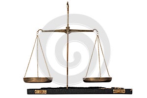 Bronze traditional balance scale set with weights in box