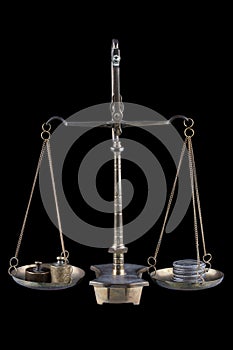 Bronze traditional balance scale set with weights and silver coins on black