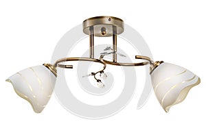 Bronze two-lamp ceiling lamp with white flower-like shades ornamented with transverse wave-like stripes