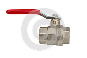 Bronze water valve with red handle isolated on white background