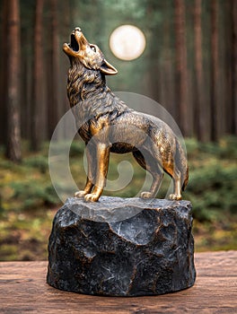 bronze wolf statue in forest