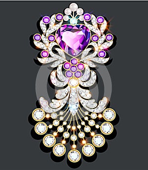 brooch in the shape of a heart with pearls and precious stones. Filigree Victorian jewelry. Design element