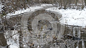 Brook flowing through a snowy landscape