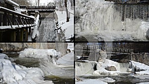 Brook waterfall cascade retro bridge frozen ice icicles winter