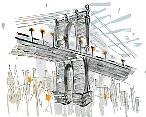 Brooklin brige, NYC, USA. Hand drawn marker sketch