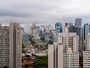 Brooklin neighborhood view with cable-stayed bridge in the background in Sao Paulo