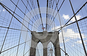 Brooklyn Bridge details over East River of Manhattan from New York City in United States