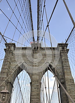 Brooklyn Bridge details over East River of Manhattan from New York City in United States