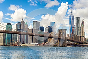 The Brooklyn Bridge and the downtown Manhattan skyline in New Yo