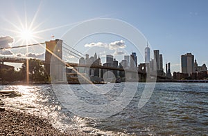 Brooklyn Bridge, East River and Lower Manhattan in Background. NYC Skyline. Dumbo. USA