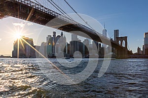 Brooklyn Bridge, East River and Lower Manhattan in Background. NYC Skyline. Dumbo. USA