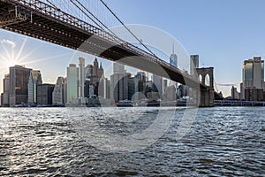 Brooklyn Bridge, East River and Lower Manhattan in Background. NYC Skyline. Dumbo. USA