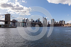 Brooklyn Bridge, East River and Lower Manhattan in Background. NYC Skyline. Dumbo. USA