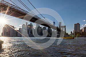 Brooklyn Bridge, East River and Lower Manhattan in Background. NYC Skyline. Dumbo. USA