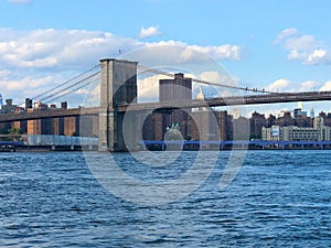 Brooklyn Bridge with Hudson river and Manhattan skyline, New York City downtown.