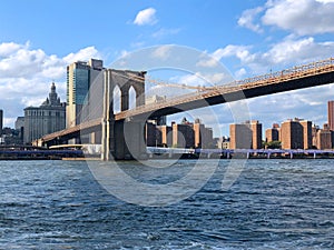Brooklyn Bridge with Hudson river and Manhattan skyline, New York City downtown.
