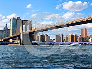 Brooklyn Bridge with Hudson river and Manhattan skyline, New York City downtown.