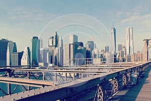 The Brooklyn Bridge and the lower Manhattan skyline in New York