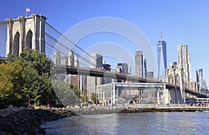 Brooklyn Bridge and Lower Manhattan skyline in New York City