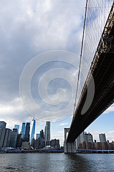 The Brooklyn Bridge and the Lower Manhattan Skyline in New York City along the East River