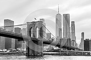 Brooklyn Bridge and Manhattan skyline in black and white, New York, USA.