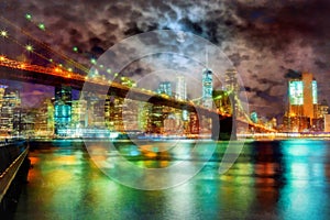 Brooklyn Bridge and Manhattan Skyline Night, New York City