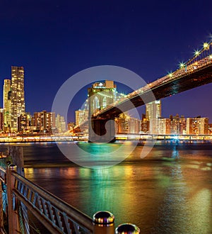 Brooklyn Bridge and Manhattan Skyline At Night, New York City