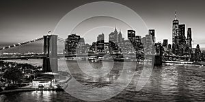 Brooklyn Bridge and Manhattan skyscrapers at twilight in Black & White. New York City