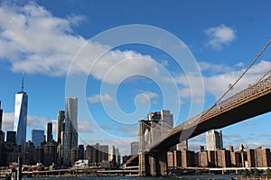 Brooklyn Bridge, New York, and buildings with modern architectures