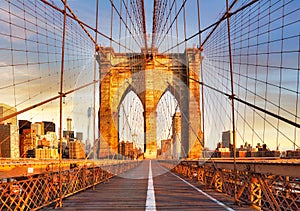 Brooklyn Bridge, New York City at dramatic sunrise, nobody