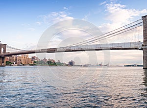 The Brooklyn Bridge in New York City at dusk