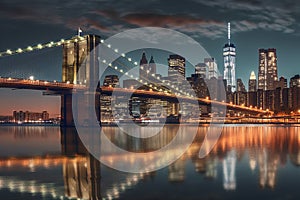 Brooklyn bridge and New York City Manhattan downtown skyline at dusk with skyscrapers illuminated over East River