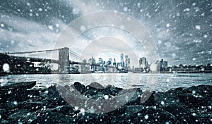 Brooklyn Bridge in New York during snowfall