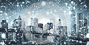 Brooklyn Bridge in New York during snowfall