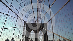 Brooklyn Bridge in New York. Suspended cables and structure supports.