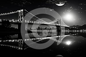 Brooklyn Bridge at night in lights. Black and white landscape of New York. Generative AI