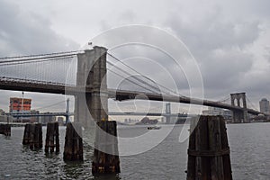 Brooklyn Bridge, NY with overcast skies