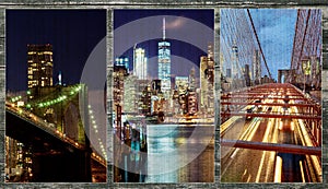 Brooklyn Bridge over East River at night in New York City photo collage from different picture Manhattan with lights and reflectio