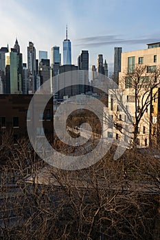 Brooklyn Bridge Park in Brooklyn Heights with a view of the Lower Manhattan Skyline in New York City