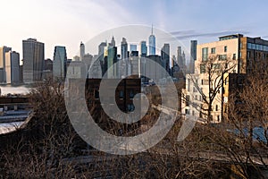 Brooklyn Bridge Park in Brooklyn Heights with a view of the Lower Manhattan Skyline in New York City