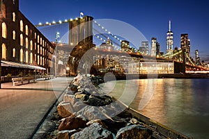 Brooklyn Bridge Park riverfront and Lower Manhattan at twilight. Brooklyn, Manhattan, New York City photo