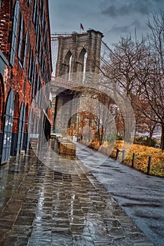 Brooklyn Bridge after a rainfall, detailed reflections