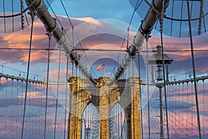 Brooklyn bridge structure in afternoon light, New York, USA