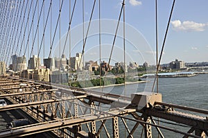 Brooklyn Bridge structure over East River of Manhattan from New York City in United States