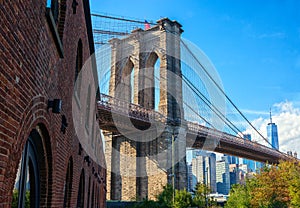 Brooklyn Bridge in sunny day taken from Brooklyn Bridge Park, New York City, United States